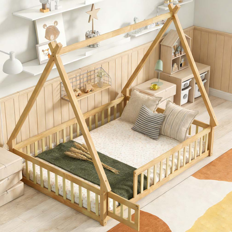 Lit de sol en forme de tente, lit tipi avec garde-corps, lattes et porte, Lit double, Naturel