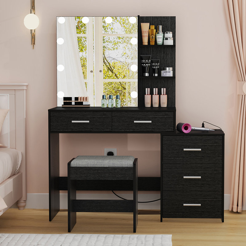 Grand ensemble de coiffeuse avec miroir lumineux et station de recharge, Noir