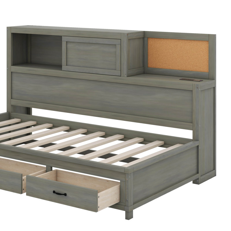 Wooden Daybed With Drawers, Shelf And USB Ports, Gray, Twin