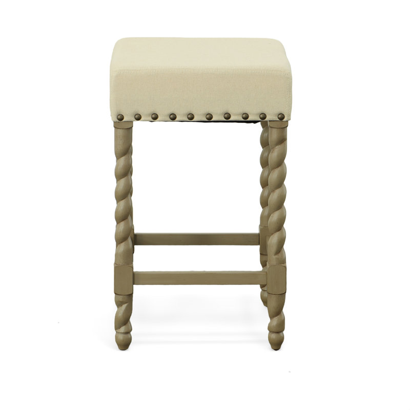 Élégant tabouret de comptoir crème de 24 pouces avec garniture cloutée en laiton antique, Gris patiné