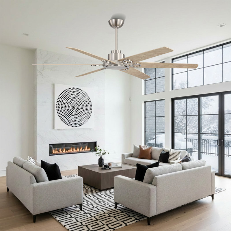 Ventilateur de plafond 64 po à 6 pales avec moteur à courant continu et réversible avec télécommande, Nickel, Bois naturel