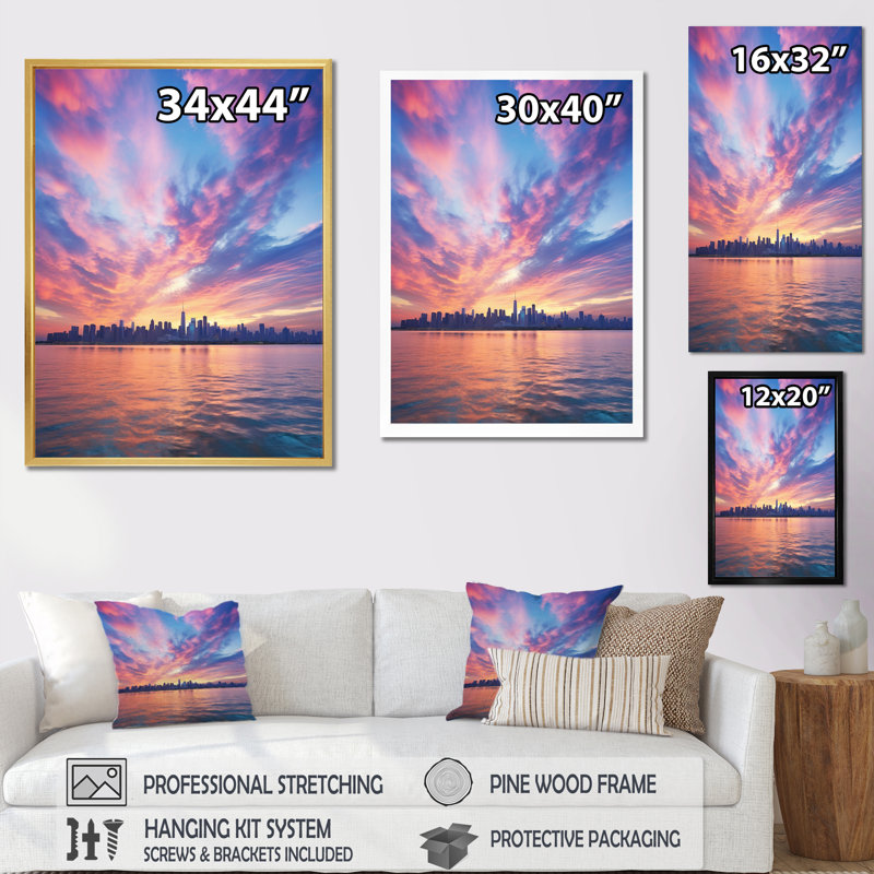 Tyneside Blue Pink Sskyline Symphony II, reproduction d'art sur toile, H 32 po x l 24 po x P 1 po, Cadre photo blanc