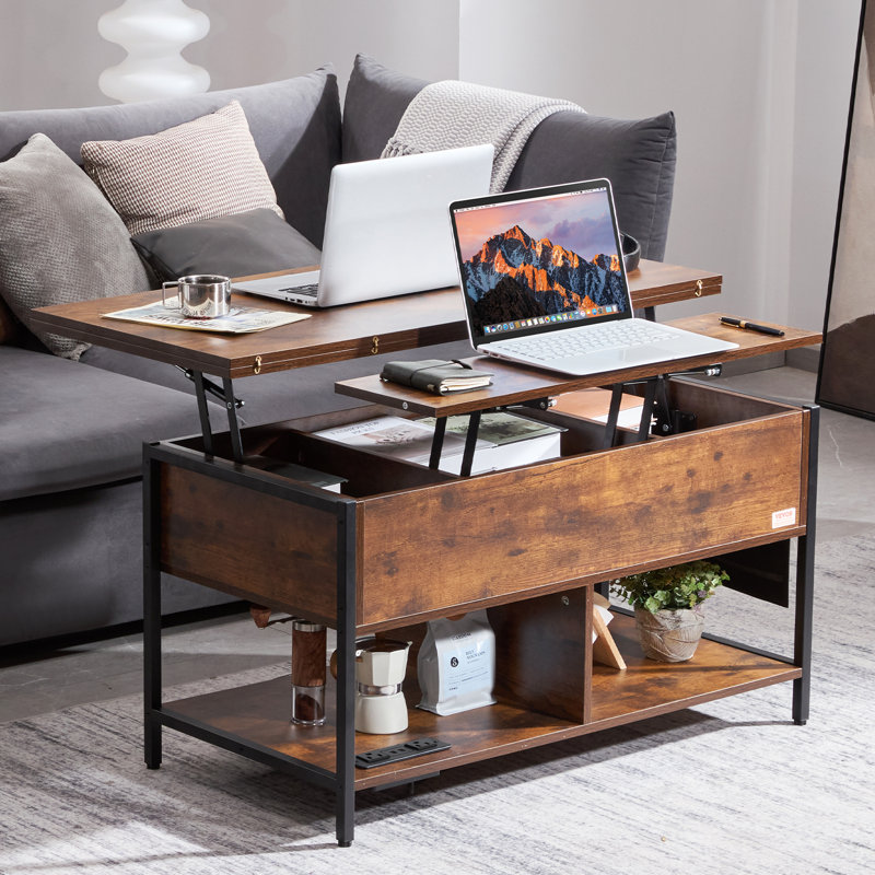 VEVOR Lift Top Coffee Table 39.4" Rectangle Coffee Table with Light & USB, Brown
