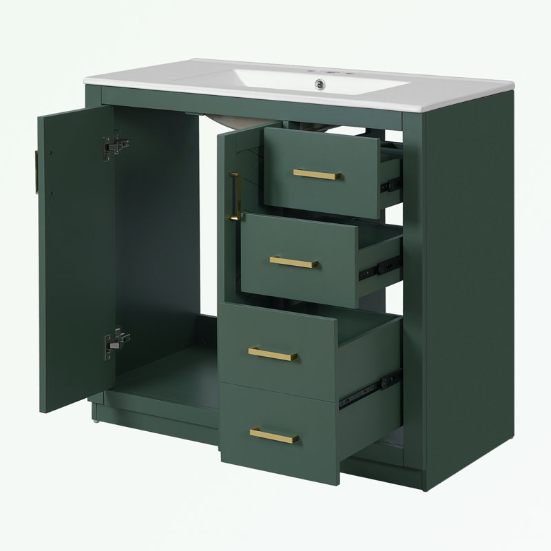 Bathroom Vanity with Sink, 3 Drawers, 2 Doors and metal handles, Green