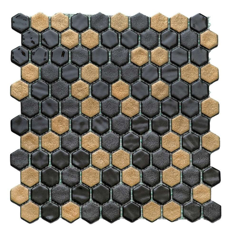 Eterna Hex 1" x 1" Honeycomb Glass Mosaic Tile, Black/Gold