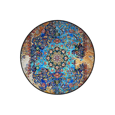 Multicolored Abstract Motif Patterned Round Woven Base Vintage Decorative Carpet