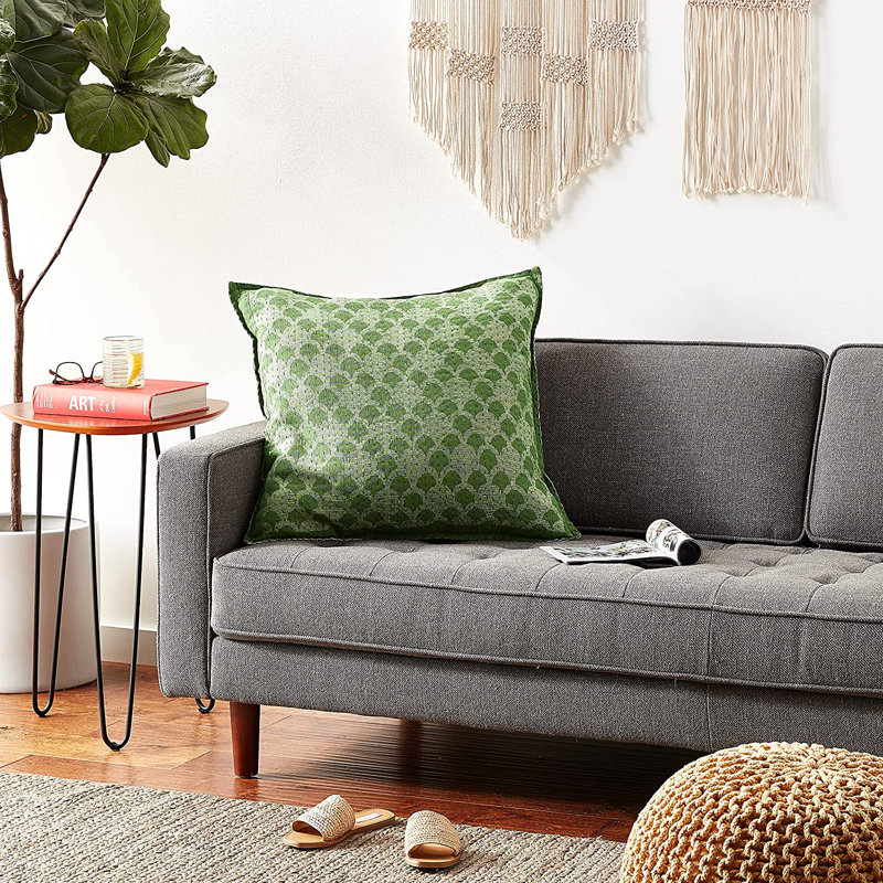 Oreiller carré en coton tissé à la main Artisan - motif Ginkgo, H 24 po x l 24 po, Carré, Vert