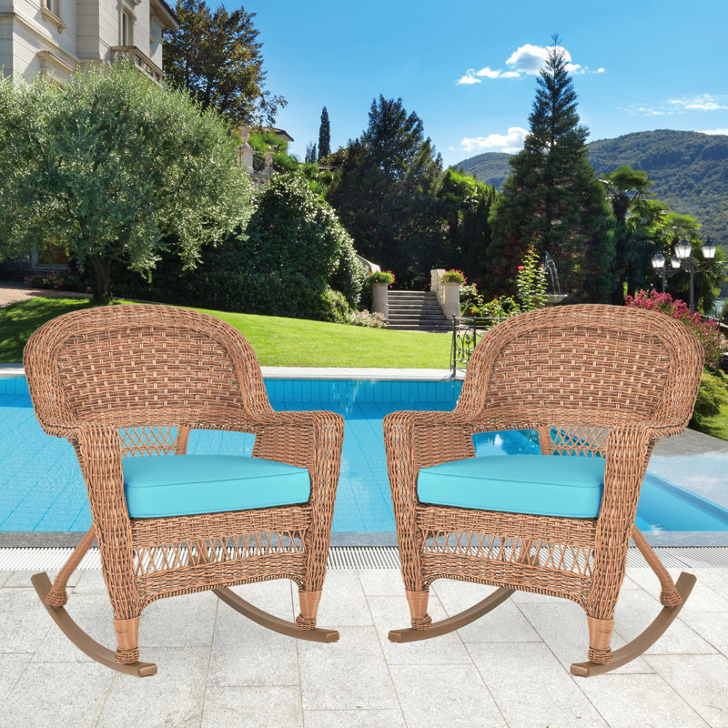 Chaise berçante en osier Raenesha, Miel, Bleu ciel