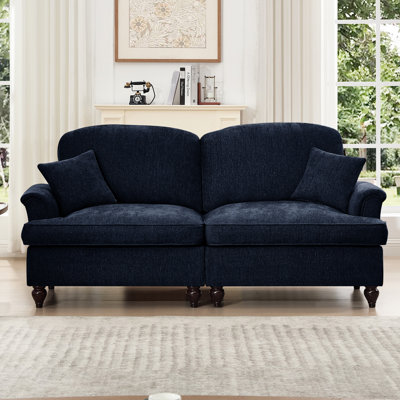 Canapé à deux places en chenille bleue avec accoudoirs évasés, pieds fuselés et jupes plissées à volants, Fascination Mid-Century pour espace de vie