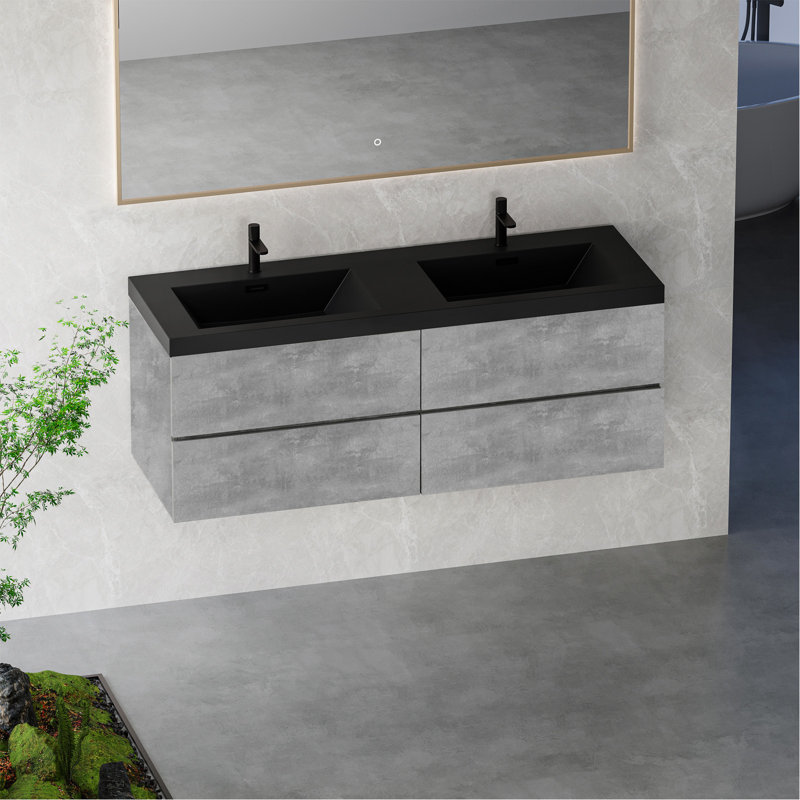 30" Floating Bathroom Vanity with Sink, Wall-Mounted Storage Cabinet with Black Quartz Sand Top Basin and Soft Close Drawers Fully Assembled, EDI-Series Cement Grey