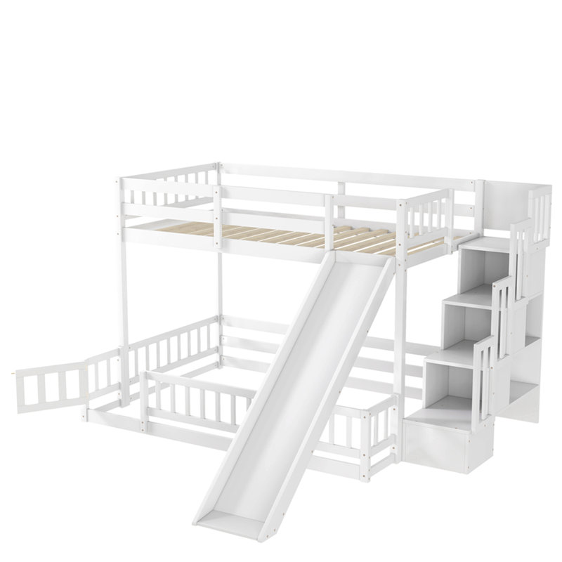 Lit simple superposé au dessus d'un lit double avec glissade, escalier de rangement, lit superposé en bois de pin massif avec garde-corps