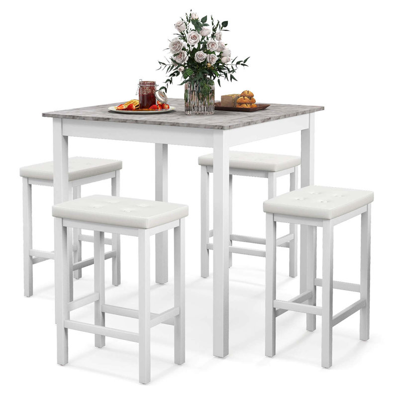 Ebern Designs 5 Pcs Bar Table Set Square Dining Table & 4 Pvc Leather Upholstered Bar Stools, White/Grey