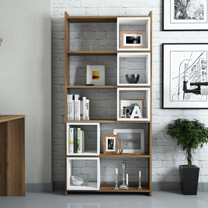 Lene 170cm H x 80cm W Geometric Bookcase, Walnut/White