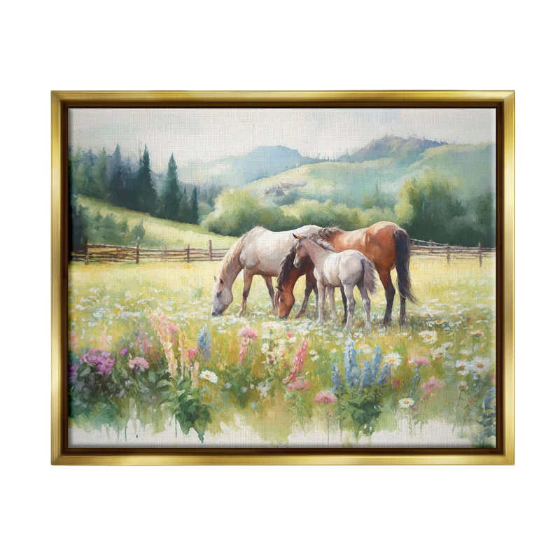 Chevaux au printemps, prairie encadrée dorée sur toile par Ramona Murdock, Cadre flottant métallique doré
