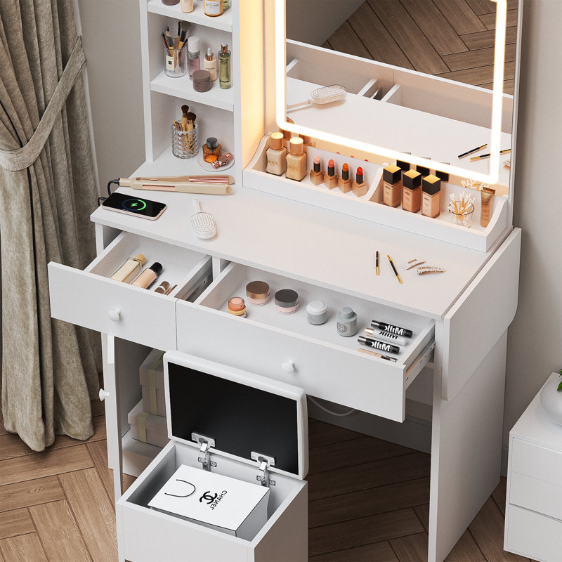 Cradere Makeup Vanity With LED Mirror, Power Outlet, Drawers Cabinet and Storage Stool, White