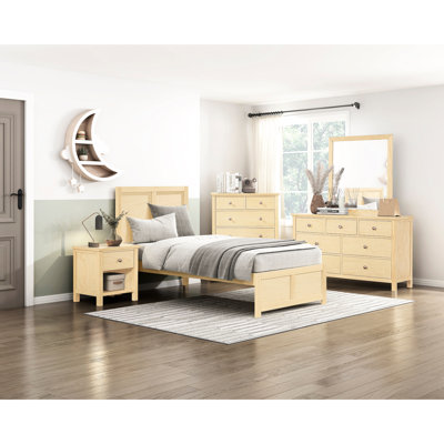 Lit simple de style contemporain avec finition en pin naturel, tête de lit et support à lattes, rails modernes de style chambre à coucher, cadre serein