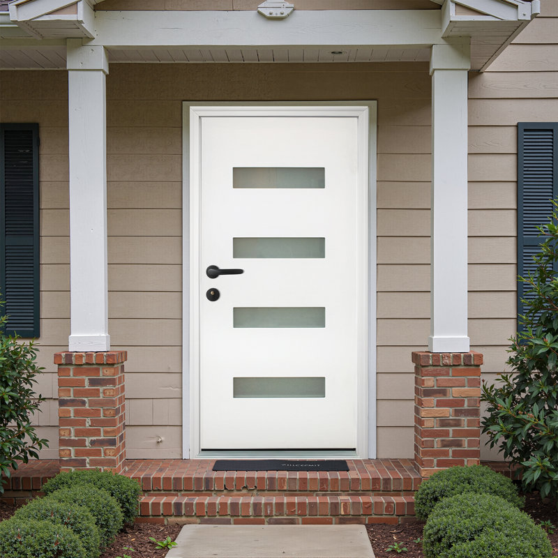 Porte d'entrée avant en fibre de verre blanc Royal 36 po x 80 po avec verre givré 4-Lite Royal - Droite / intérieur, Blanc