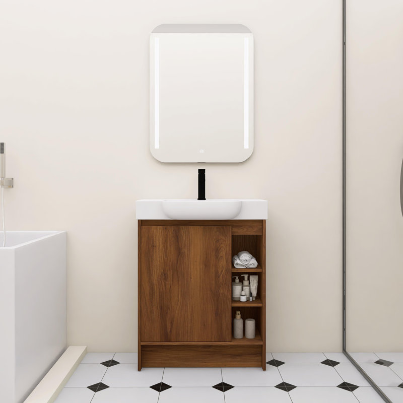 28 Inch Single Freestanding Bathroom Vanity With Ceramic Basin Sink and Soft-Close Door, Brown