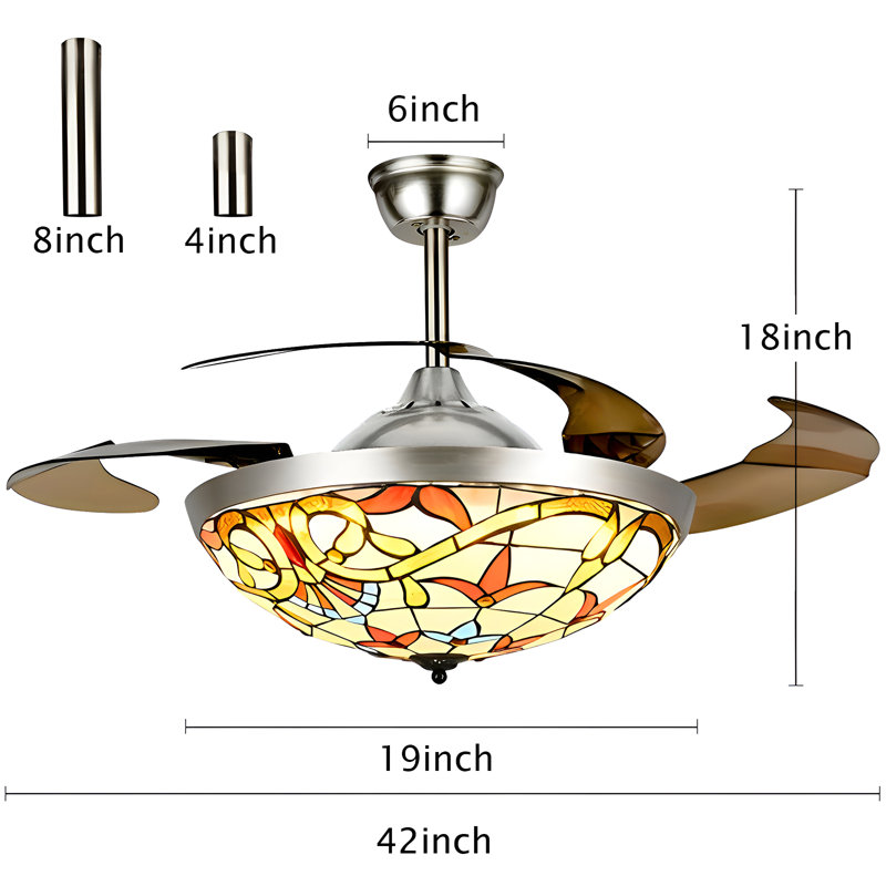 Dahlke 42" Tiffany Remote Control Invisible Ceiling Fan Light with LED Light - Professional Grade