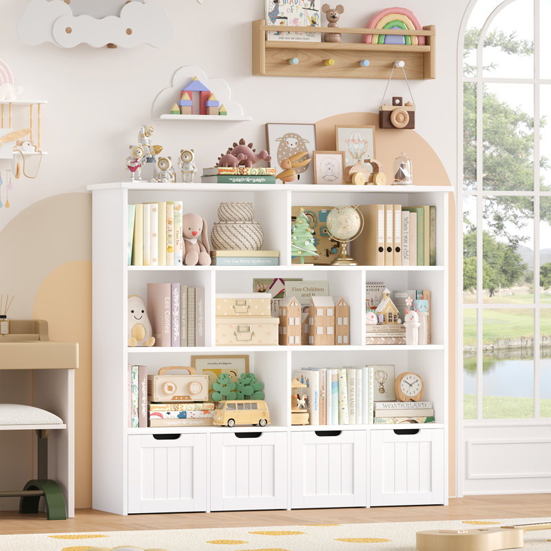 Bibliothèque standard de style Mid-Century avec 4 tiroirs, bibliothèque en bois à 4 tiroirs Kirklyn, Blanc