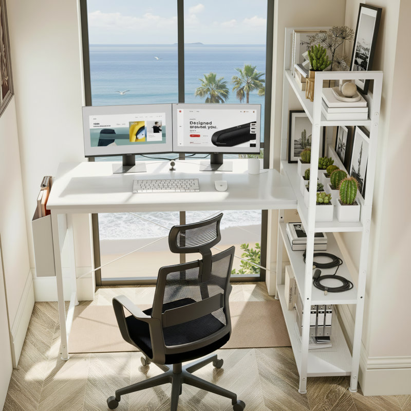 47-Inch White L-Shaped Corner Computer Desk, Flip-Up With Storage Shelves And Side Pockets, Adjustable Legs For Small Spaces.