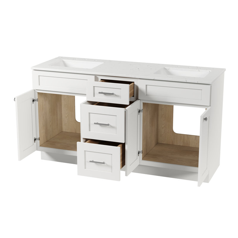 Meuble-lavabo double autoportant 63 po avec plateau en quartz Carrara, 63 po, 3 tiroirs, Blanc