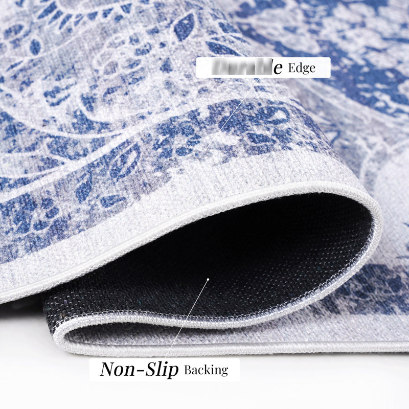 Tapis de couloir lavable bleu 2 pi 6 po x 10 po à poils courts et antidérapant