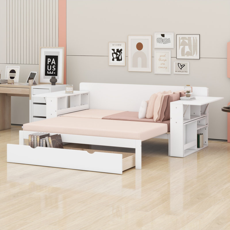 Lit de jour avec bureau amovible, tiroirs de rangement et table d'appoint hydraulique, Blanc
