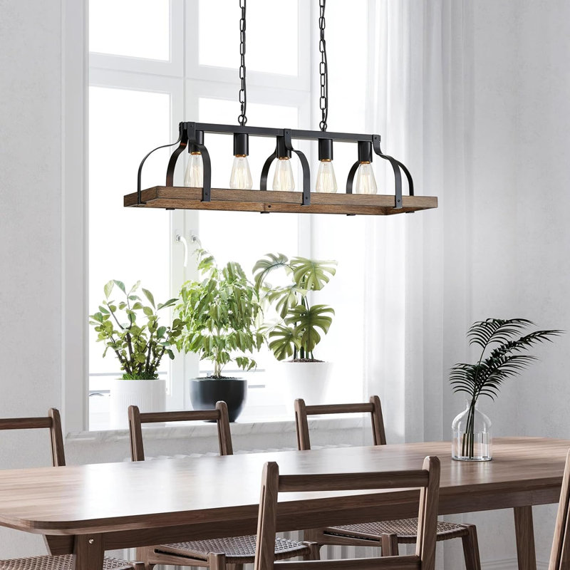 Rustic Black and Wood Grain Linear Pendant Chandelier