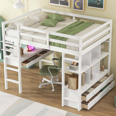 Lit mezzanine avec bureau intégré, 2 tiroirs et tablettes de rangement pour une solution de chambre à coucher peu encombrante