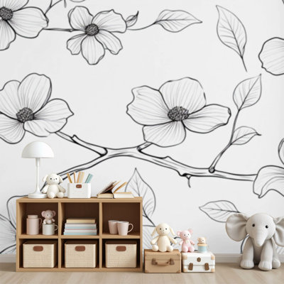Papier peint adhésif à motif de cornouiller à motif floral noir et blanc abstrait H 69 po x l 96 po, papier peint amovible en PVC auto-adhésif pour chambre à coucher, bureau à domicile