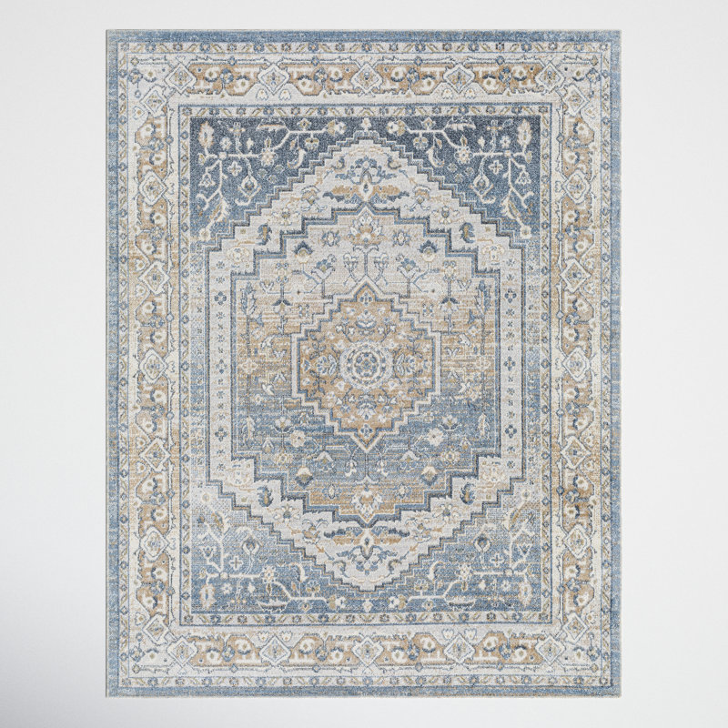 Kinzel Machine Washable Oriental Blue/Mustard Area Rug, Rectangle 7'10" x 10'2"