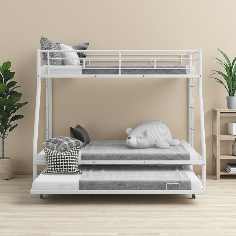 Lit simple sur lit double avec structure en acier robuste, lit superposé avec lit gigogne simple, Blanc