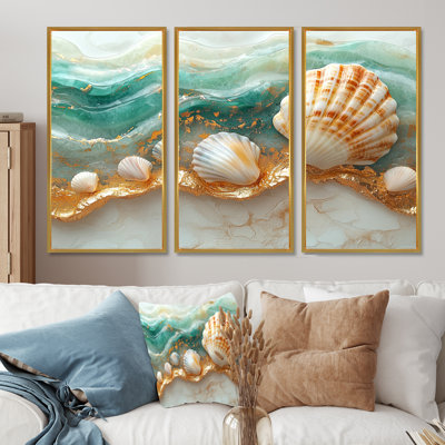 Coquillage et sable émeraude I - art mural côtier large - 3 panneaux