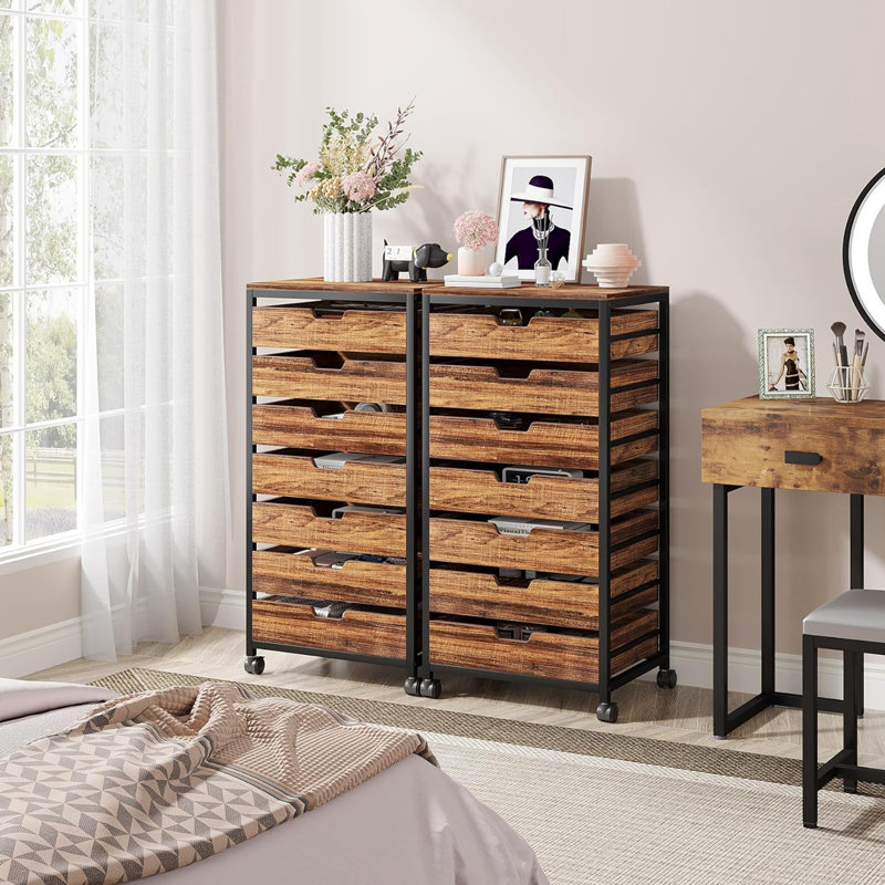 Commode de rangement à 7 tiroirs avec roulettes, coffre industriel en bois avec structure en métal, unité de tiroir mobile pour le bureau