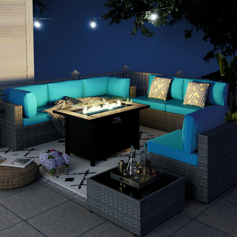 Ensemble de salon de jardin Bushrah pour 6 personnes avec coussins et table de foyer, Bleu, Argent