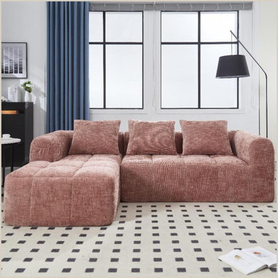 98.42-Inch Modern Modular L-Shaped Sectional Sofa with Chaise – Soft Chenille Fabric, No Assembly, Side Pockets for Living Room | Chenille | Cushion Back | Pink