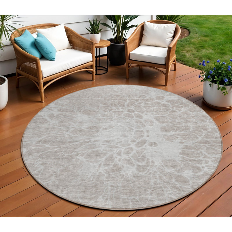Tapis extérieur rond lavable abstrait taupe 8 'beige et ivoire