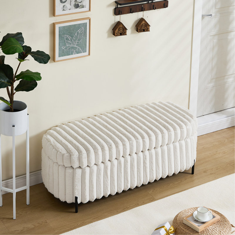 Faux Fur Flip Top Storage Bench with Black Metal Legs, Bed End Stool Foot Rest for Living Room, Entryway, Dorm, Bedroom (Only One Ottoman)