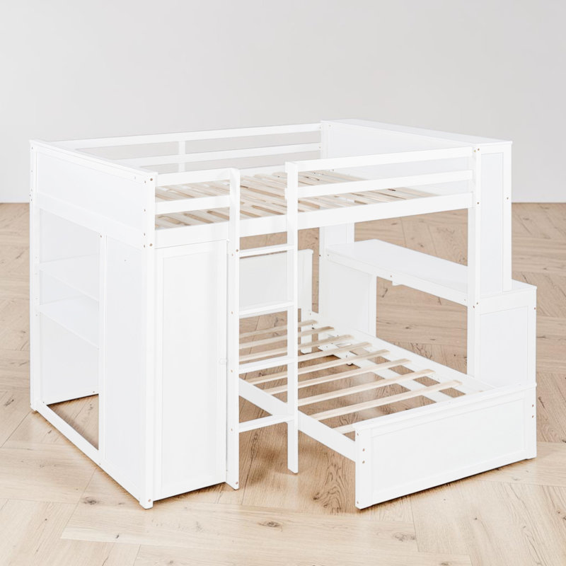 L - Shape Bunk Bed With Built-In Desk And Wardrobe, White, Full Over Twin