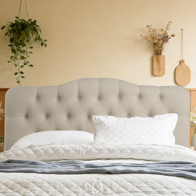 Tête de lit capitonnée tapissée à oreilles, tête de lit en bois massif avec pieds en bois, tête de lit à hauteur réglable de 34 po à 43 po, tête de lit en tissu au design moderne, beige