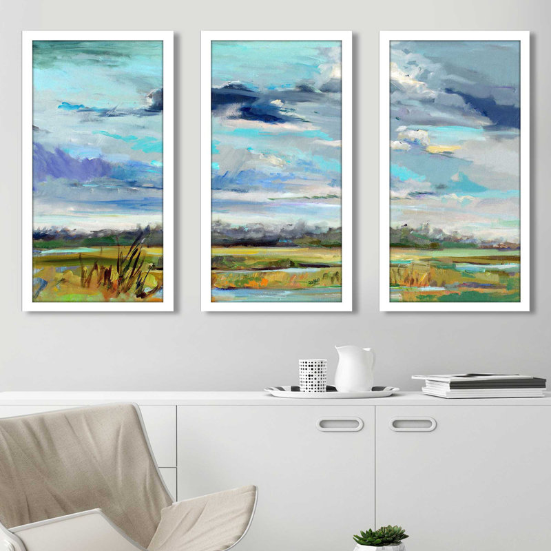 «Marsh Skies» par Carol Hallock - peinture encadrée 3 pièces, L 40,5 po x H 25,5 po x P 1 po