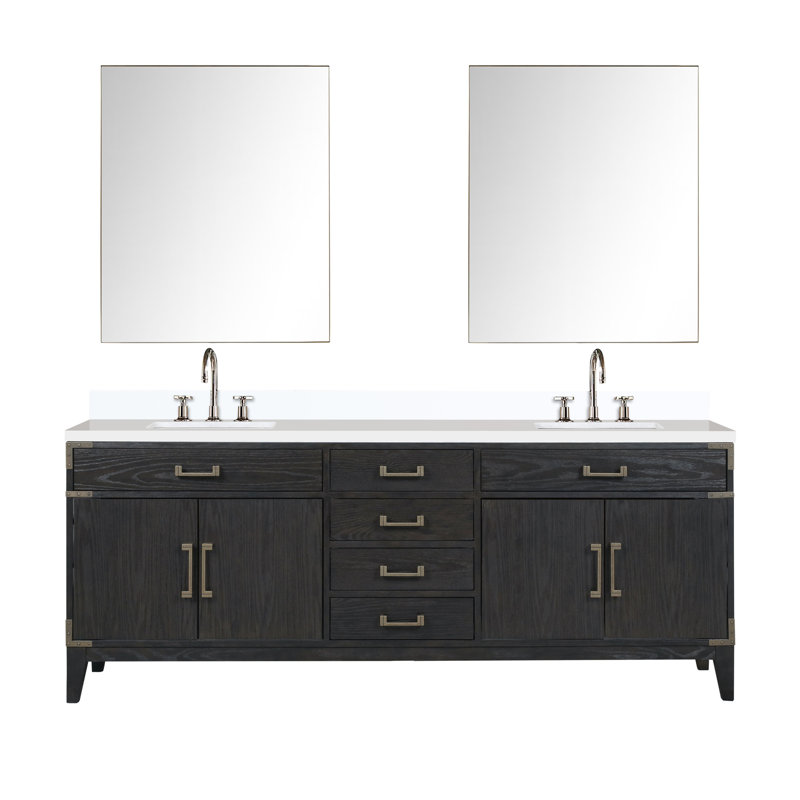Meuble-lavabo double en chêne noir l 84 po x P 22 po, comptoir en quartz blanc, ensemble de robinets et miroirs de 36 po