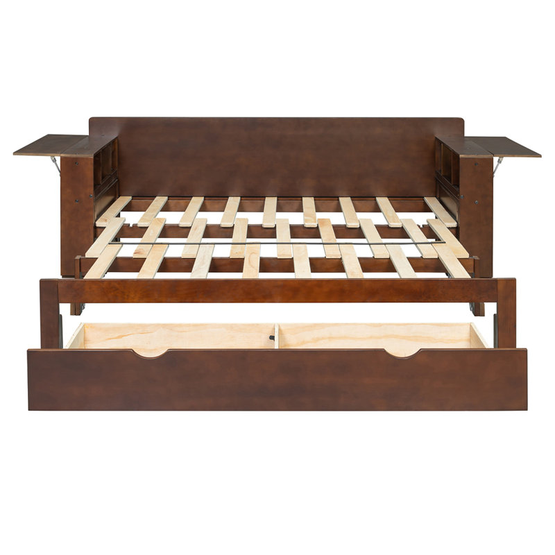 Queen Size Daybed with Removable Desk, Storage Drawers & Hydraulic Side Table, Espresso, Queen