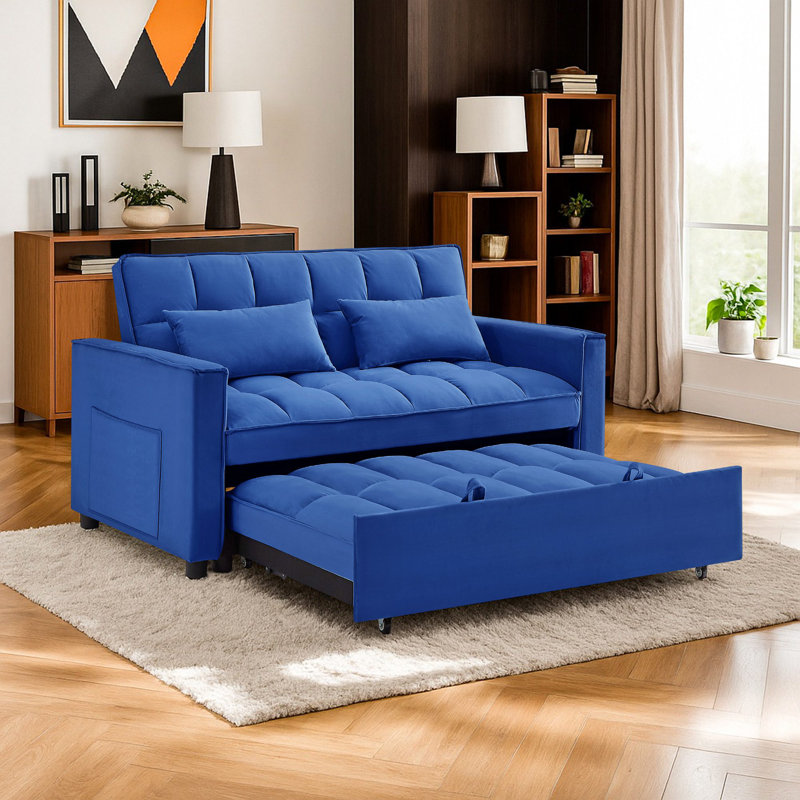 54" Velvet Convertible 3-In-1 Sofa Bed, Blue