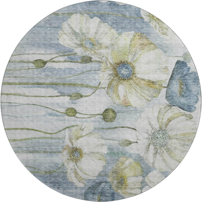 Premium Machine Washable Prisco Blue Rug, Round 8'