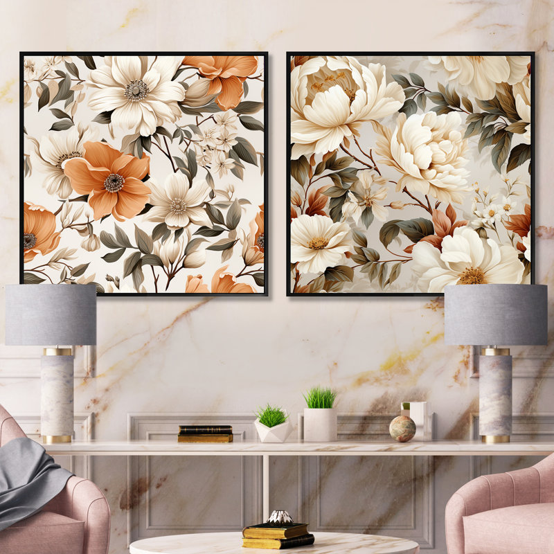 Thaxted - Ensemble de 2 collages carrés floral et botanique, Cadre flottant noir, H 30 po x l 61 po