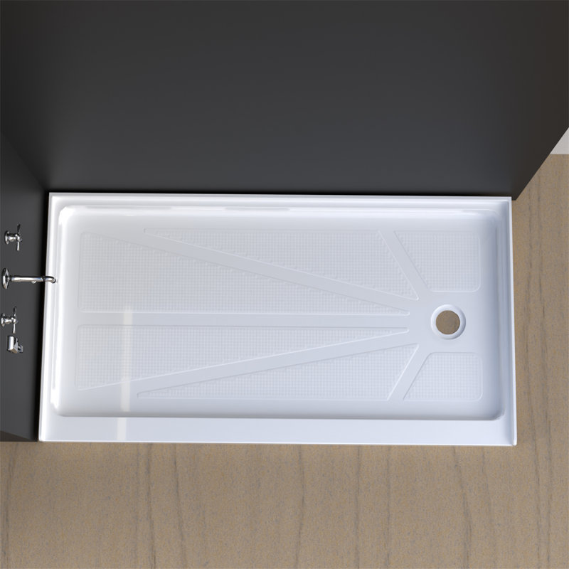 Base de douche rectangulaire 60 po x 30 po à simple seuil en acrylique avec drain à droite - Bac de douche triple alcôve avec plancher antidérapant