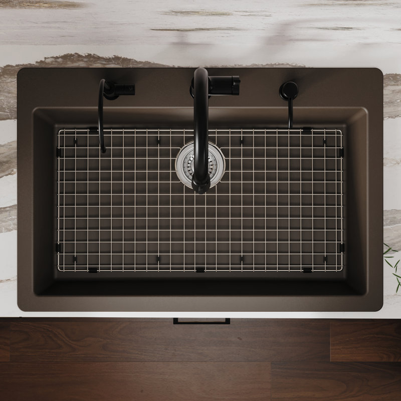 Évier de cuisine à simple cuve encastrable 33 po x 22 po avec grille inférieure et crépine Karran Quartz, Brun
