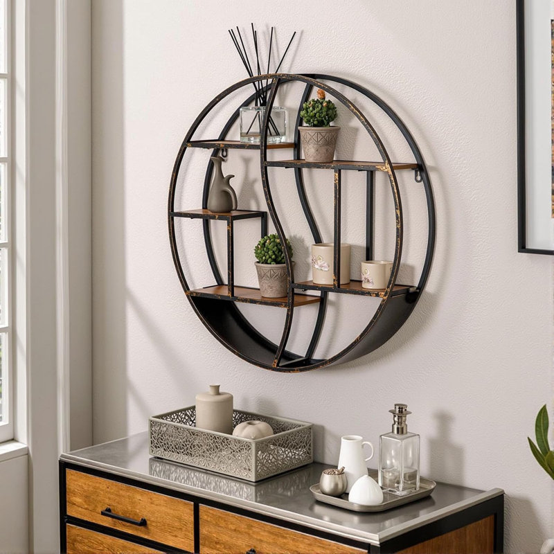 Étagère murale ronde, tablettes en bois flottantes en métal de 24 pouces, étagère de rangement murale rétro rustique pour cheminée, salon, salle de bain